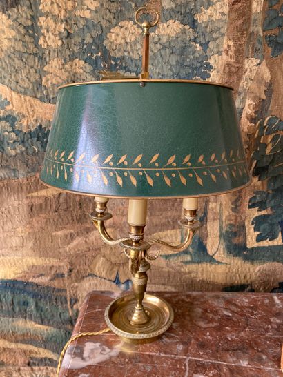 null Three-light gilt bronze bouillote lamp with painted sheet metal shade, electrically...