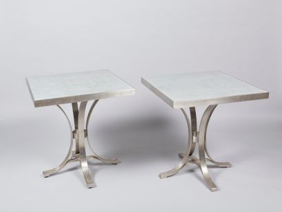 
Pair of square pedestal tables in brushed...