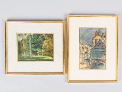 null Lot including : 

- Modern school, View of a village, pastel on paper signed...