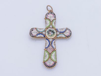 Cross pendant in gilded metal set with micro-mosaic,...