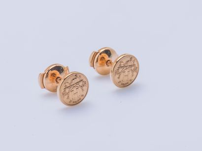 HERMES Pair of ear studs Ex-Libris, very small model in pink gold 18 carats (750...