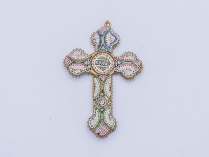 Pendant cross in gilded metal set with micro-mosaic...