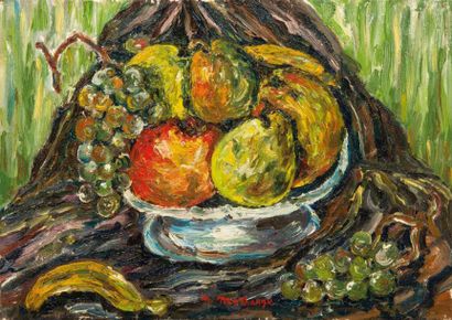 Motia MORHANGE (XXe) NATURE MORTE A LA COUPE DE FRUIT, Huile sur toile, signée en...