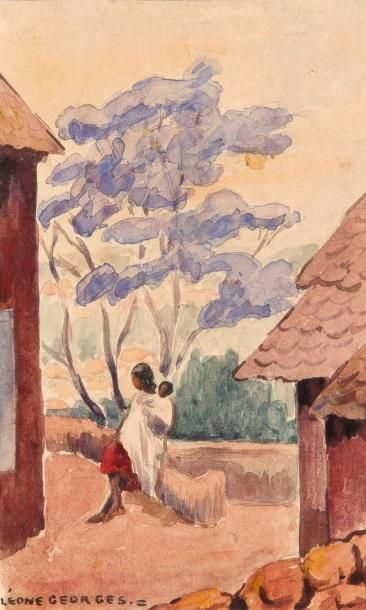 Joseph RAMAMANKAMONGJY (né en 1898) FEMME A L'ENFANT, Aquarelle 15.5x9 cm