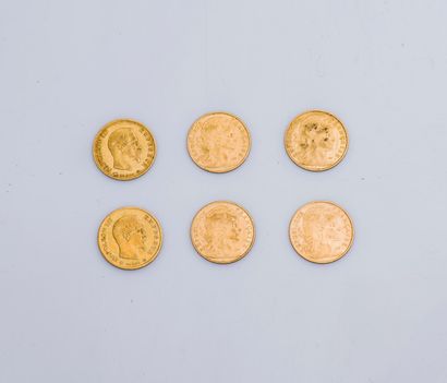 Lot de six pièces de 10 Francs or de 1859,...