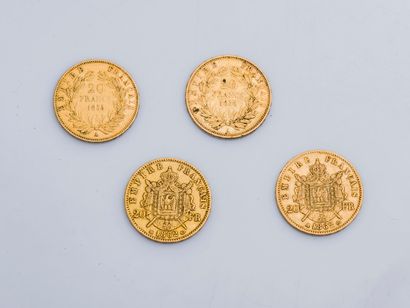 null Lot de quatre pièces de 20 francs or Napoléon III de 1855, 1856 et 1862.
Poids...