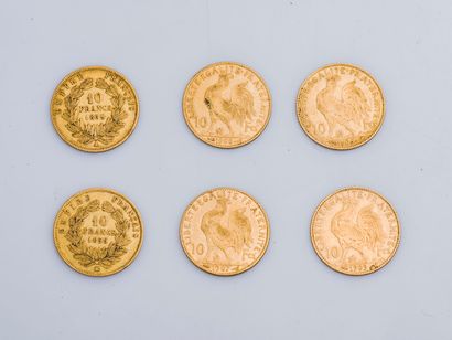 null Lot of six 10 Francs gold coins from 1859, 1905, 1907 and 1909.
Weight : 19,2...