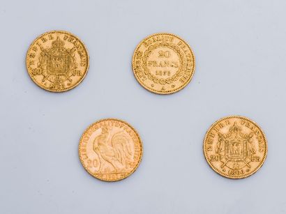 null Lot de quatre pièces de 20 francs or Napoléon III de 1865 et 1866 et Génie 1878...