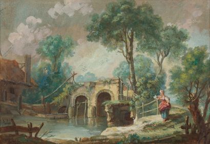 null French school of the XVIIIth century 
Shepherdess leaning on a bridge 
Watercolor,...