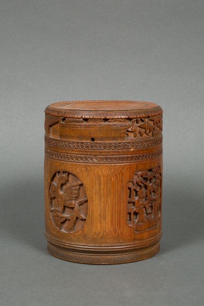 China
Cylindrical box in carved bamboo decorated...
