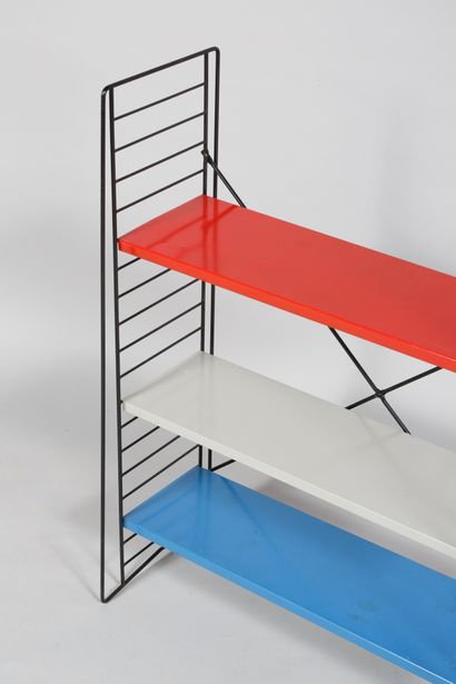 null TOMADO HOLLAND 
Black lacquered metal shelf with 3 metal trays in blue, grey...