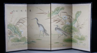 4-leaf screen with herons and water lilies...