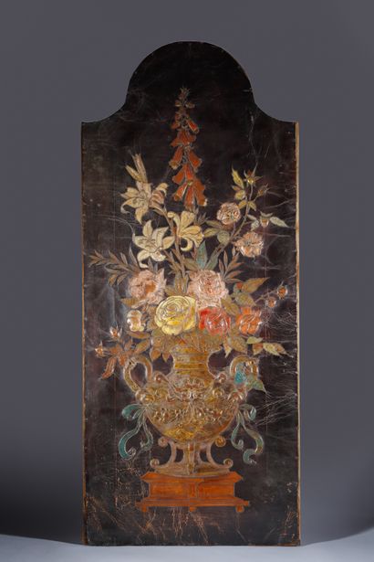 null Painted waffle leather panel showing a bouquet of flowers in a Medici vase on...
