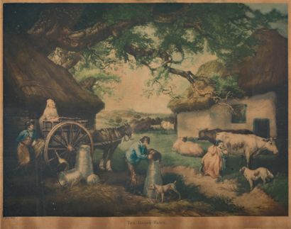 null Two English engravings in color "The Dairy Farm" and "Stach Coach 
41 x 55 cm...