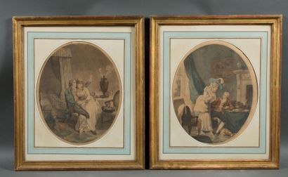 null Pair of color engravings depicting gallant scenes in an oval frame, 19th century...