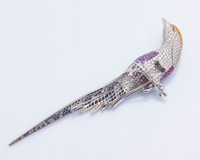 TTF Importante broche faisan en or gris 18 carats (750 ‰), l’oiseau sur sa branche...