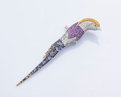 TTF Important 18K (750 ‰) white gold pheasant brooch, the bird on its branch are...