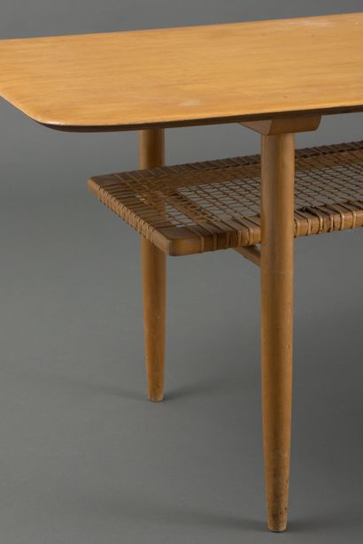null OPAL Kleinmobel, circa 1960 
Large blond wood coffee table with woven rattan...