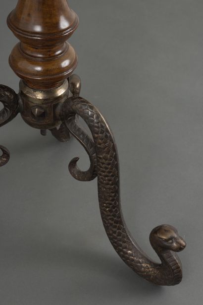 null Small circular pedestal table, turned wood and bronze base featuring snakes,...