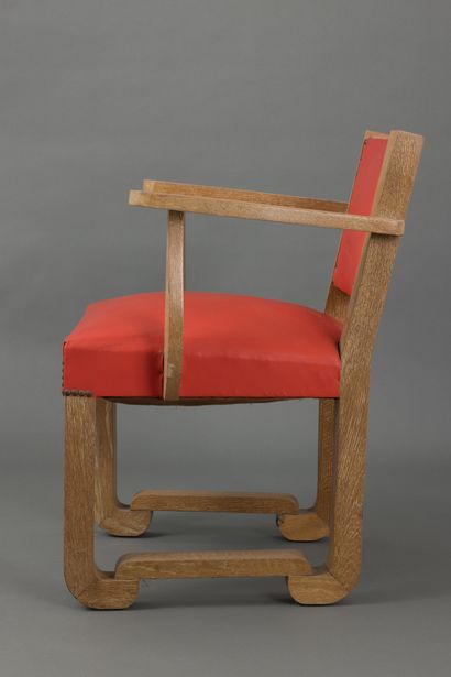 null Armchair in natural ceruse wood, red imitation leather upholstery. 
Work from...