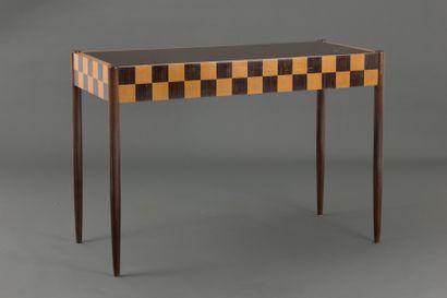 null Inlaid wood console with checkerboard pattern, orange mirror top, resting on...