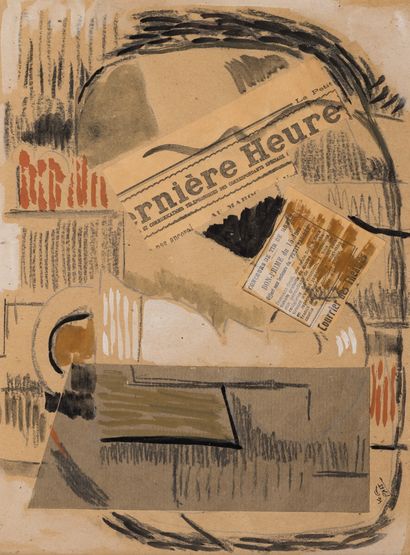 null Paris School 
Cubist collage, Dernière heure Mixed media on cardboard, signed...