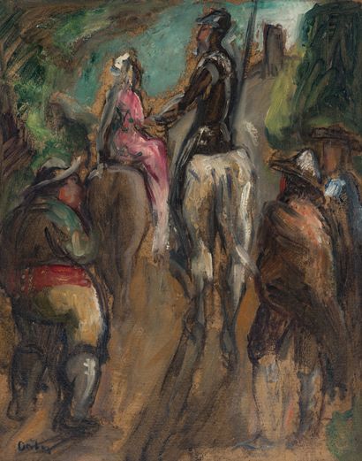 null ORTIZ (XXème siècle) 
Hommes à cheval 
Huile sur carton signée en bas à gauche.
Dim....