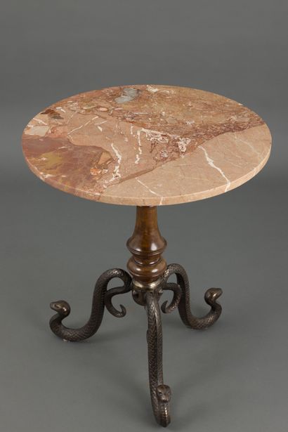 null Small circular pedestal table, turned wood and bronze base featuring snakes,...