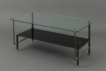 null Coffee table with double glass tops, black lacquered metal and brass structure,...