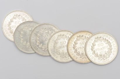 null Six pièces de 50 Francs de 1974-1975-1976 et trois de 1977, on y joint une pièce...