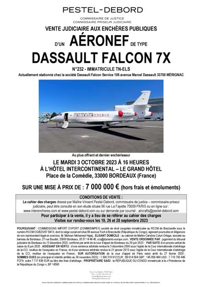 null Aircraft Dassault Falcon 7X 
N°: 232
Year: 2014
Flight hours: 1,181.25
Cycles:...