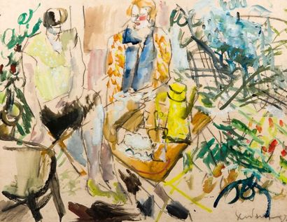 GEN PAUL (1895-1975) Conversation au jardin, 1927 Gouache et pastel sur papier, signé...