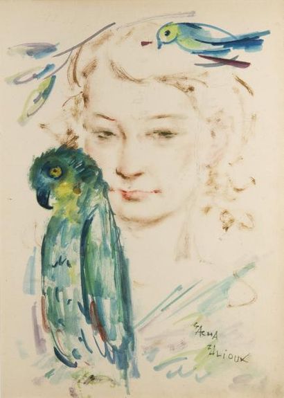 Sacha ZALIOUK (1887-1971) Jeune femme aux perroquets technique mixte sur papier,...