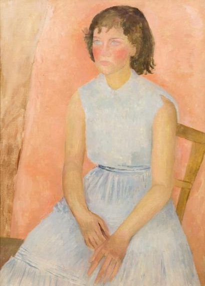 Thérèse DEBAINS (1907-1975) Jeune fille à la chaise Huile sur toile 81 x 60 cm