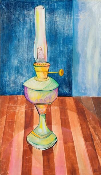 Joan PONC (1927-1984) Lampe à pétrole Huile sur toile, signé, situé et daté en bas...