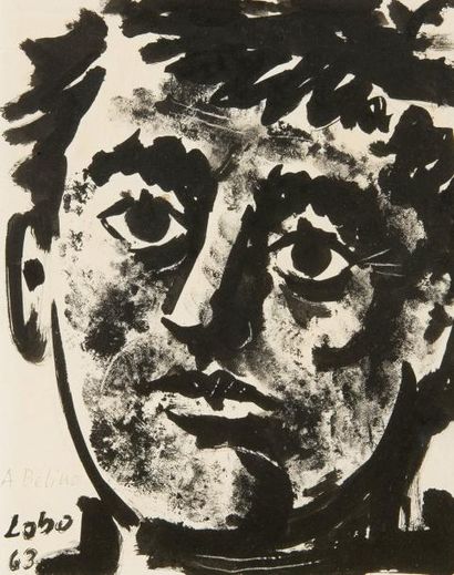Baltasar LOBO (1910-1993) Visage, 1963 Encre sur papier, signé, daté et dédicacé...