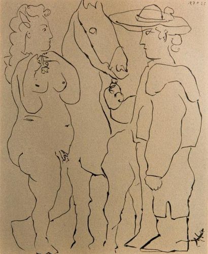 D'aprés Pablo Picasso (1881-1973) Couple au cheval Linogravure 27 x 22.5 cm Reproduit...