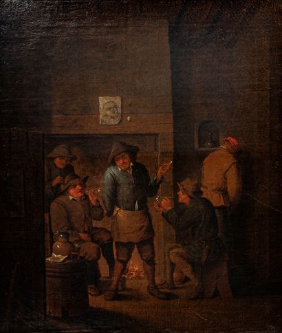 null Ecole Flamande, XVIIIème siècle suiveur de David Teniers 
Scène de tabagie
Huile...
