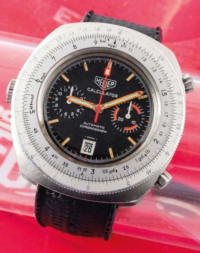 HEUER (CHRONOGRAPHE CALCULATOR RÉF. 110.633 BLACK), vers 1974 Chronographe de pilote...