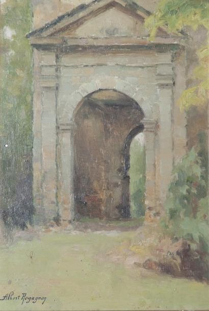 Albert REGAGNON (1874-1931) Porte surmontée d'un fronton Huile signée en bas à g...