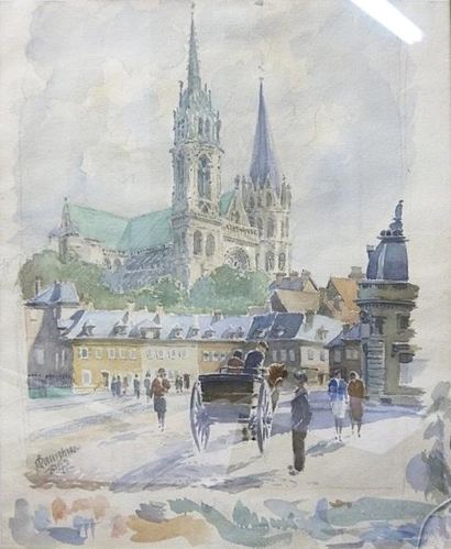 null Cathédrale de Chartres Aquarelle Signé en bas à gauche et daté 1942 45x38 c...