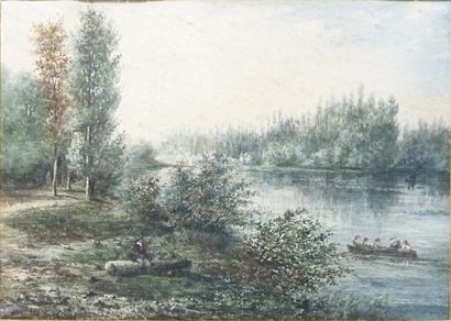 ANONYME Paysage de rivière Technique mixte Signée en bas à gauche 25x35,5 cm