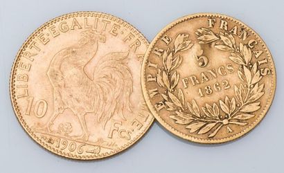 null Lot de 1 pièces de 10 francs or coq 1906 et une pièce de 5 francs or 1862