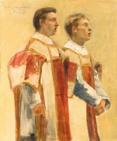 Henri BRISPOT (1846-1928) Prêtres en prière Huile sur toile, signée en haut à gauche...