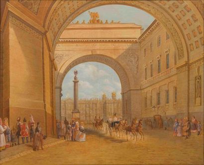 Anonyme (XIXème) La sortie du Tzar au Palais d'hiver, St Petersbourg Huile sur toile...