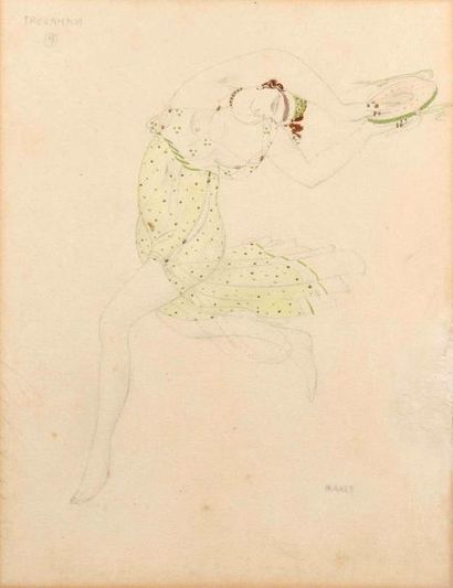 Léon BAKST (1866-1924) Danseuse au tambourin Dessin au crayon et rehauts d'aquarelle...