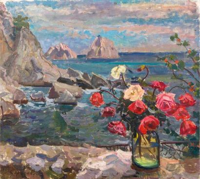 Nina SERGUEIEVA (1921-1994) Bord de mer au bouquet Huile sur toile, signée en bas...