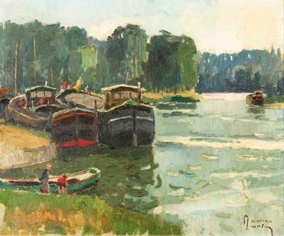 Maurice MARTIN (1894-1978) Péniches à quai, la Seine à St Mammes Huile sur toile,...