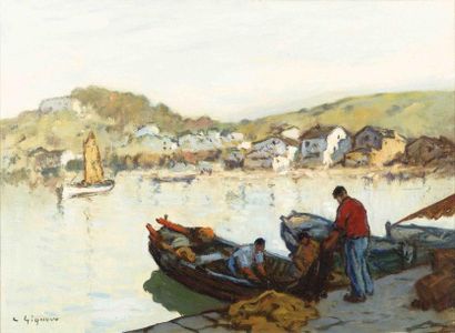 Ludovic GIGNOUX (né en 1882) Retour de pêche en Méditerranée Huile sur toile, signée...