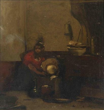 Antoine Vollon (1833-1900) Scène d'intérieur Huile sur toile signée en bas à droite...